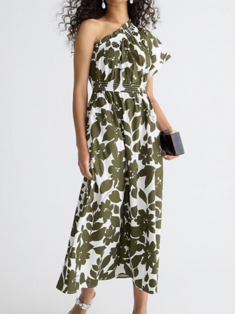 J.Crew Olive One-Shoulder Smocked Cotton Poplin Floral Dress  Size Large